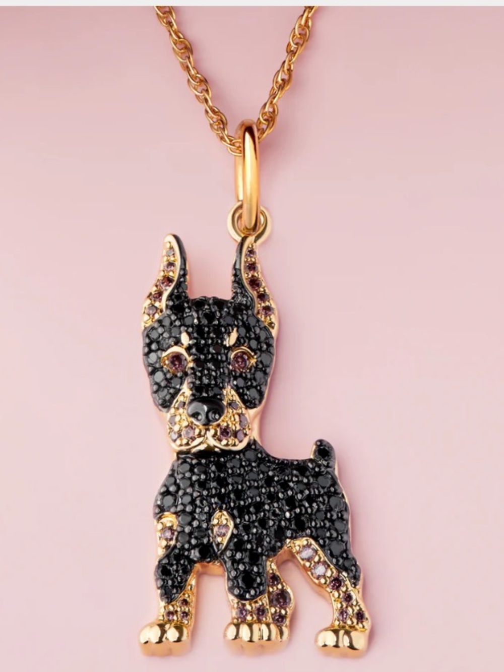 NWT Black/Gold Doberman Dog Sparkling Cubic Zirconia Pendant Necklace
